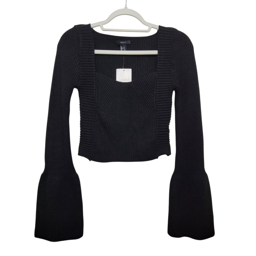 Forever 21 Black Square Neck Bell Sleeve Ribbed Sweater Top Size Small